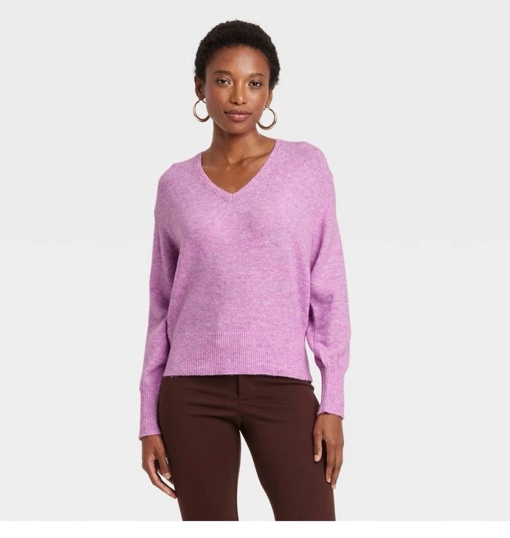 A New Day Women's Cozy Knit V-Neck Pullover Sweater Purple XS